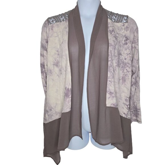 LOGO Lori Goldstein Cardigan Womens Large Lace Crochet Tie Dye Open Pockets - Picture 1 of 11